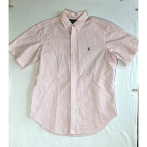 Ralph Lauren Men's Large Pink Seersucker Casual Button Up Wrinkled Beach Shirt